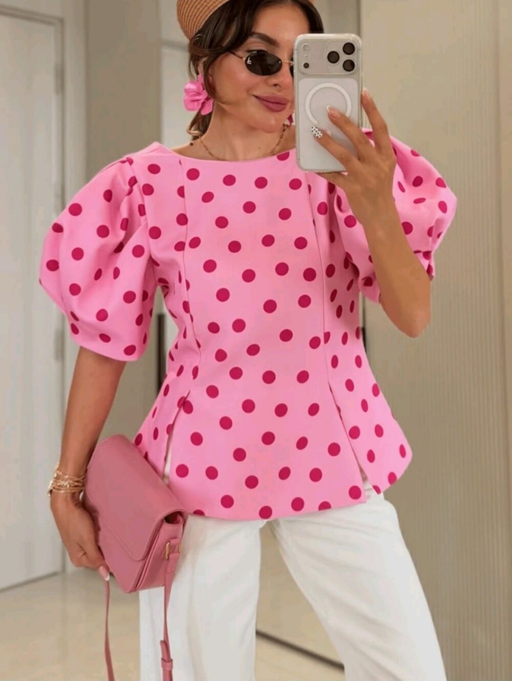 Pink Polka Dot Round Neck Puff Sleeve Waist-Cinching Cropped Backless Top, - Picture 2 of 8